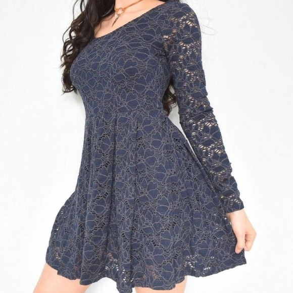 Free People Dresses & Skirts - Free People Skater Dress Navy Blue Lace Crochet Fit N Flare Scoop 3/4 Sleeve MED